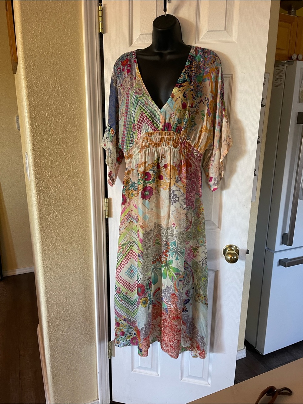 Johnny Was Multicolor Patchwork V-Neck Maxi Dress